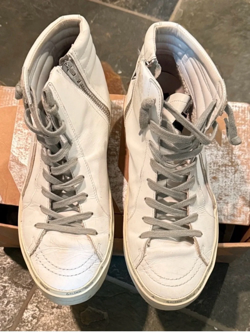 RARE ⭐️ Golden Goose Leather White Hi-Top Distressed Size 9 Hi- Slides - Picture 4 of 8
